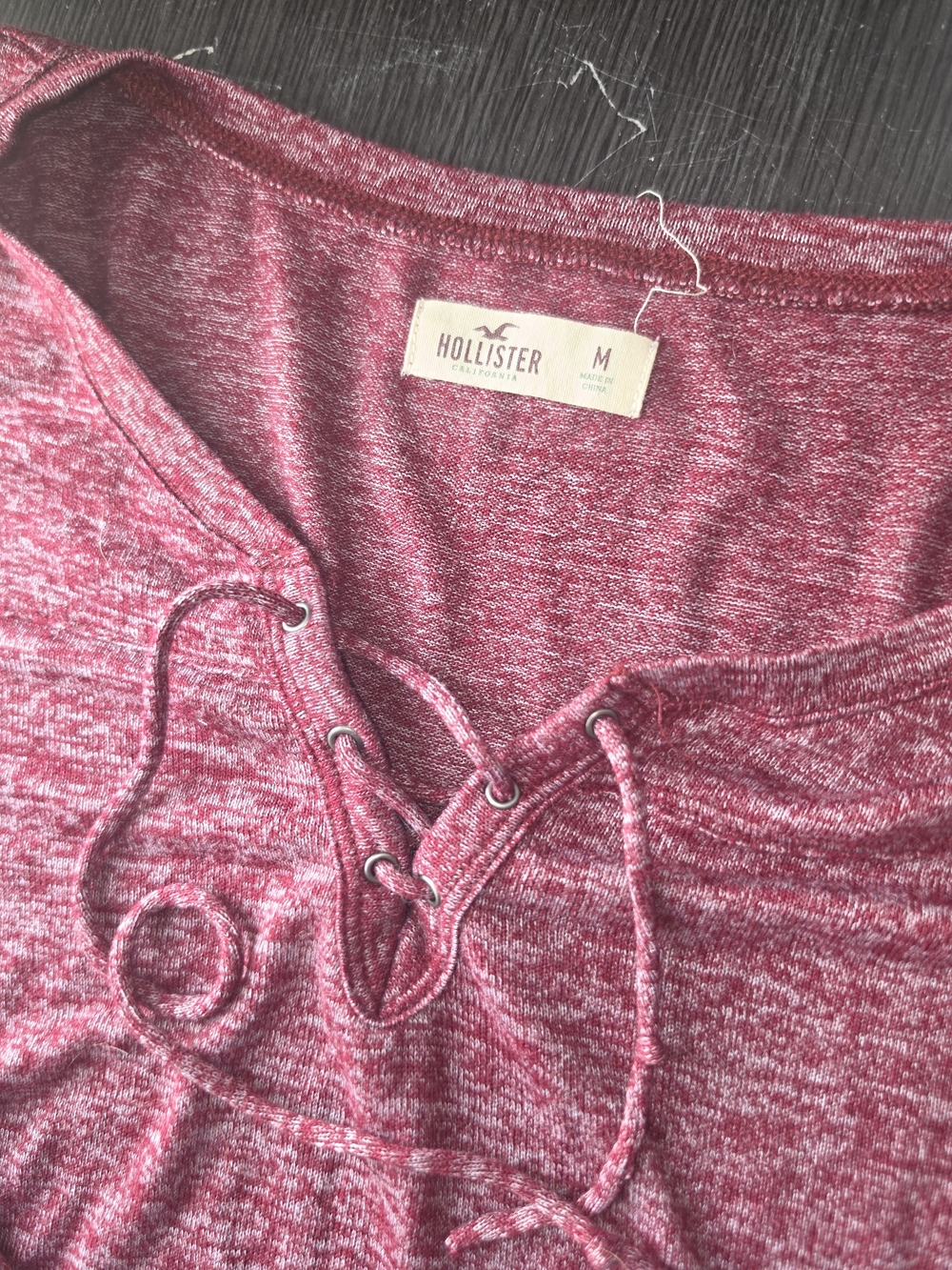Hollister Marled Burgundy Long Sleeve Lace-Up Top - Picture 2 of 3